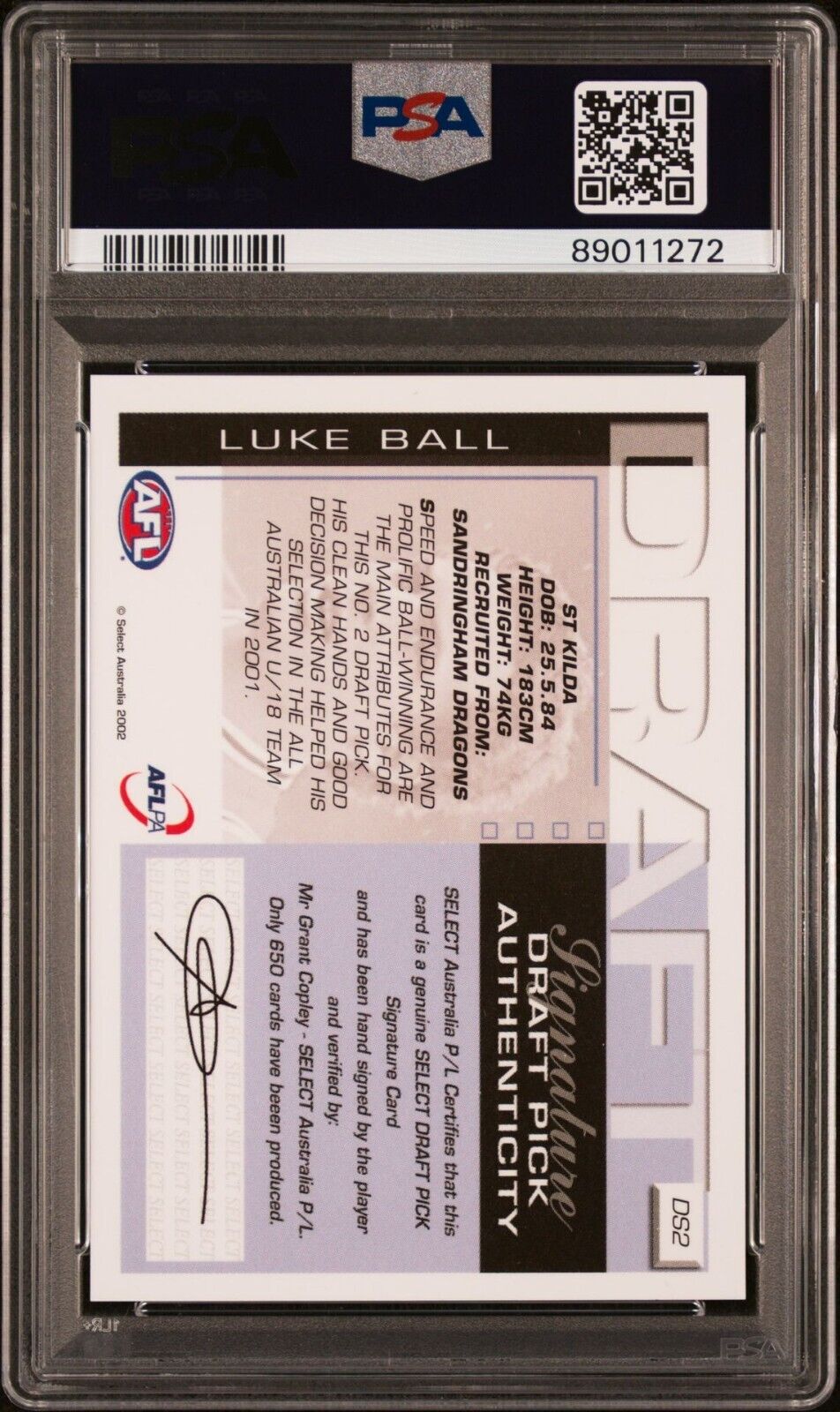 2002 Select Exclusive Draft Pick Signature Luke Ball Graded PSA 7