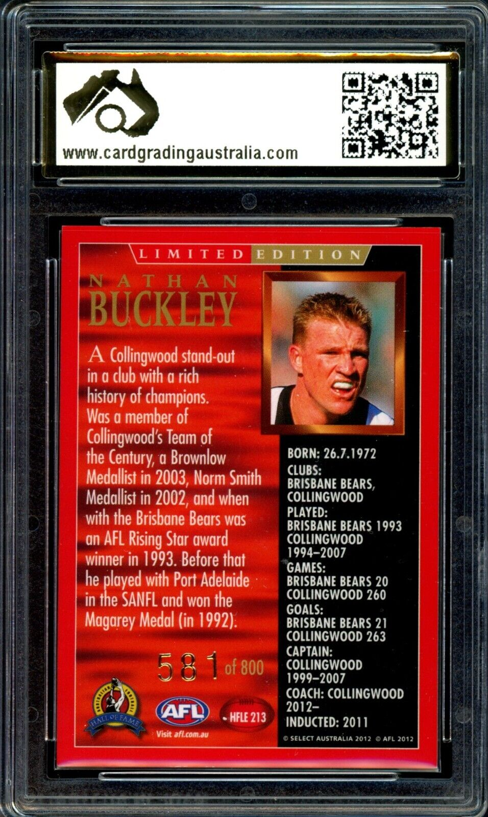 2018 Select AFL Legacy HALL OF FAME Nathan Buckley Graded CGA 10 Prist