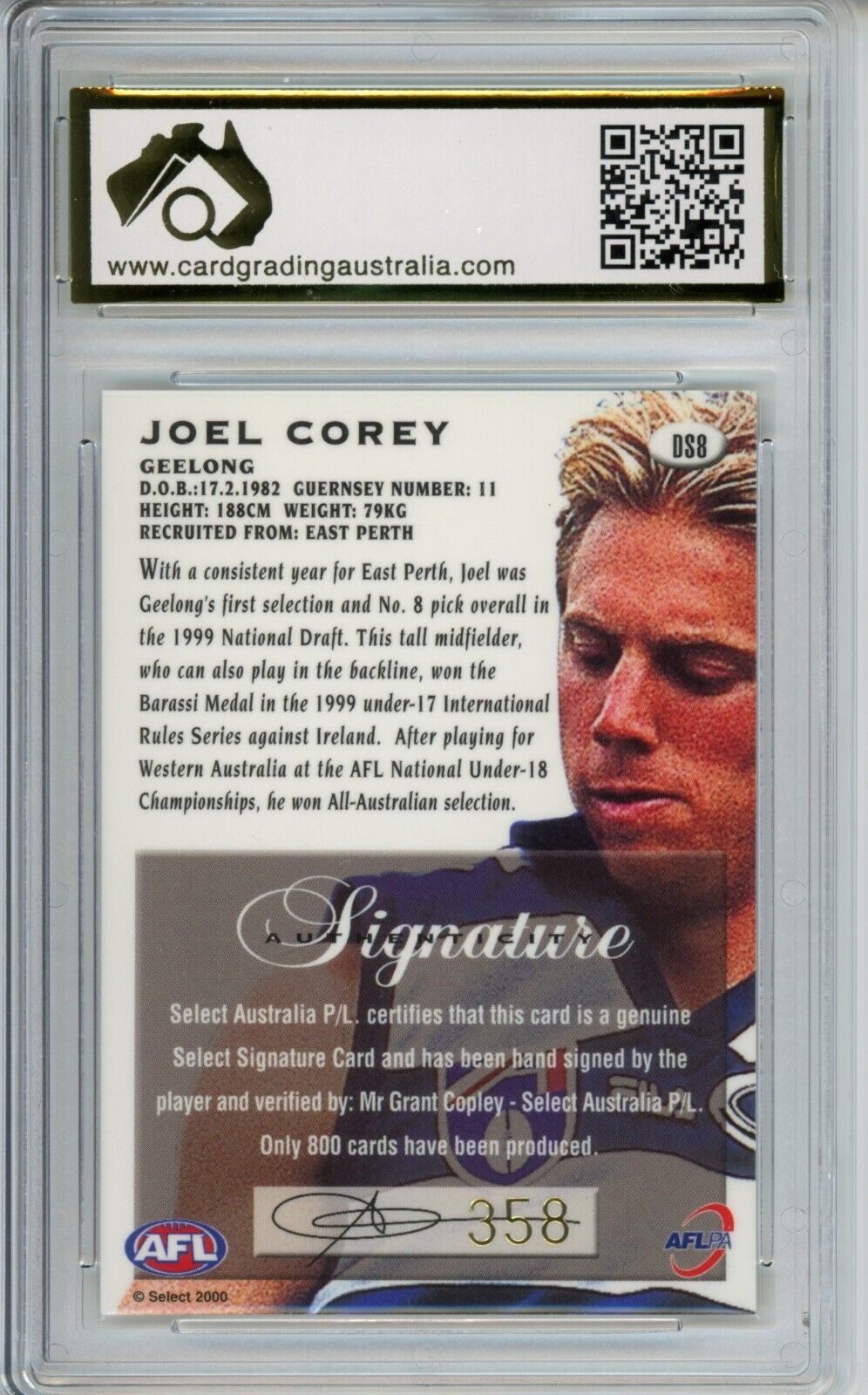 2000 Select AFL Draft Pick Signature ROOKIE CARD Joel Corey Graded CGA