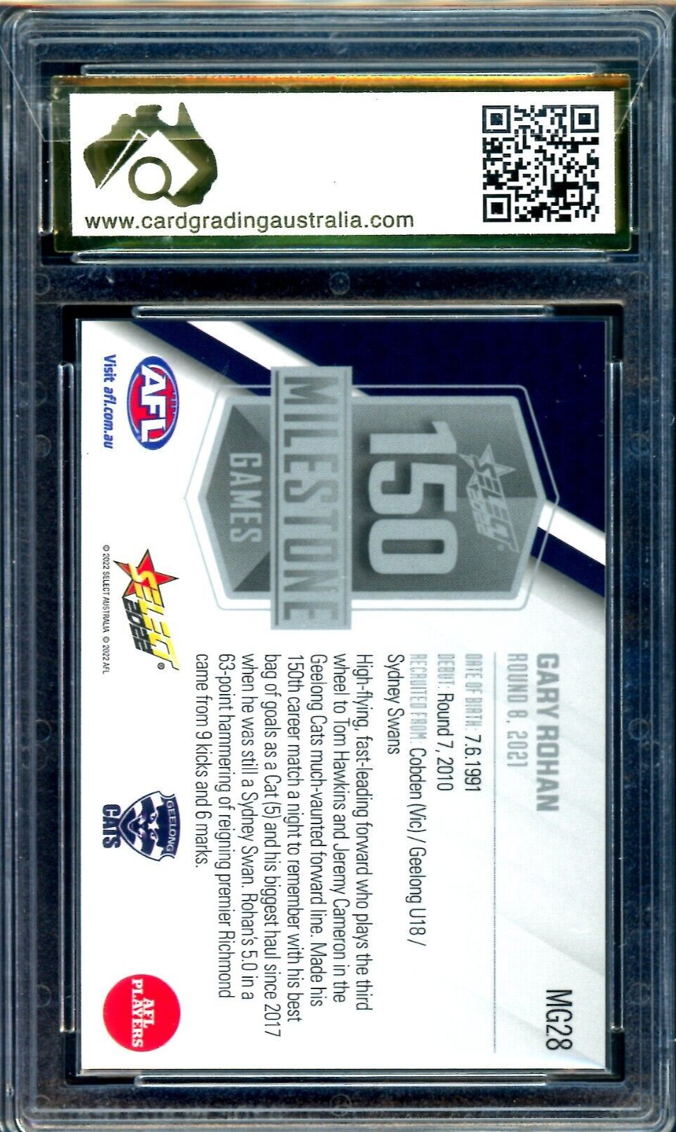 2022 Select AFL Footy Stars MILESTONE GAMES Gary Rohan Graded CGA 8.5