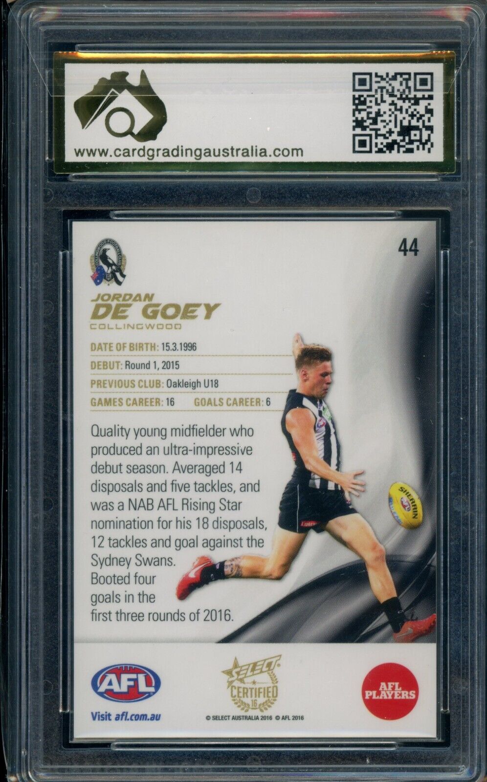 2016 Select Certified ROOKIE CARD Jordan De Goey Graded CGA 9.5 Gem Mi